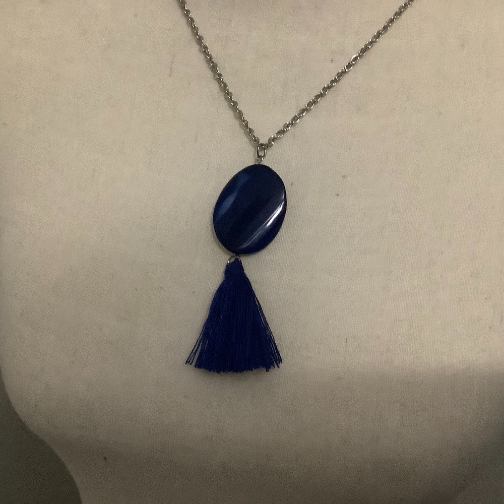Blue Pendant w/Tassel on Silver Tone Chain